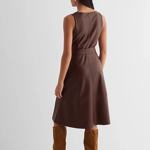 NWT Express Brown Faux Leather Fit and Flare Tie Waist Midi Dress size XS - Picture 3 of 5